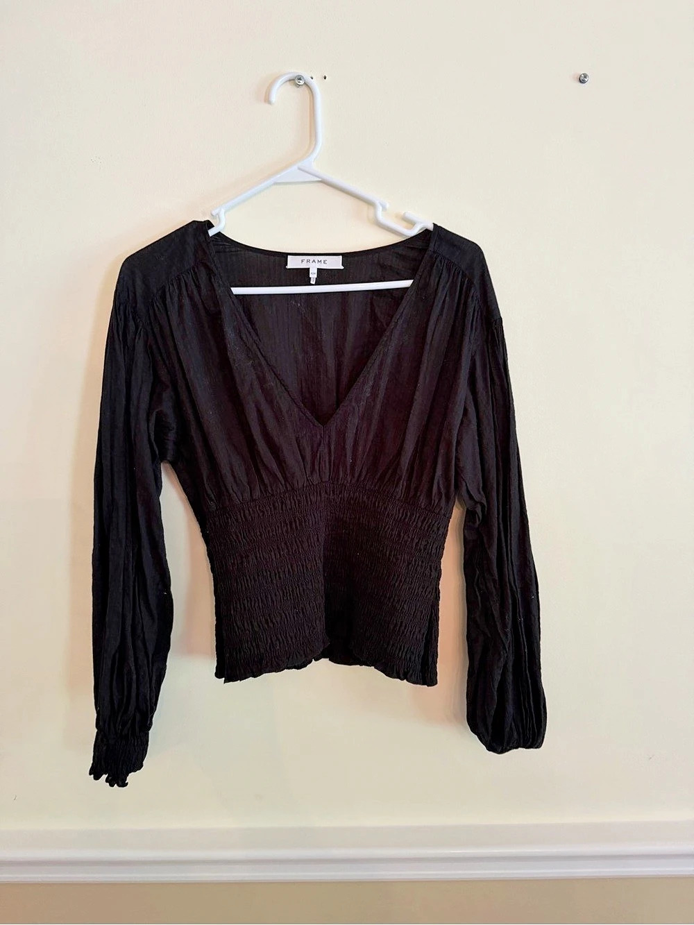 FRAME Textured V-Neck Smocked Waist Blouse Black Medium